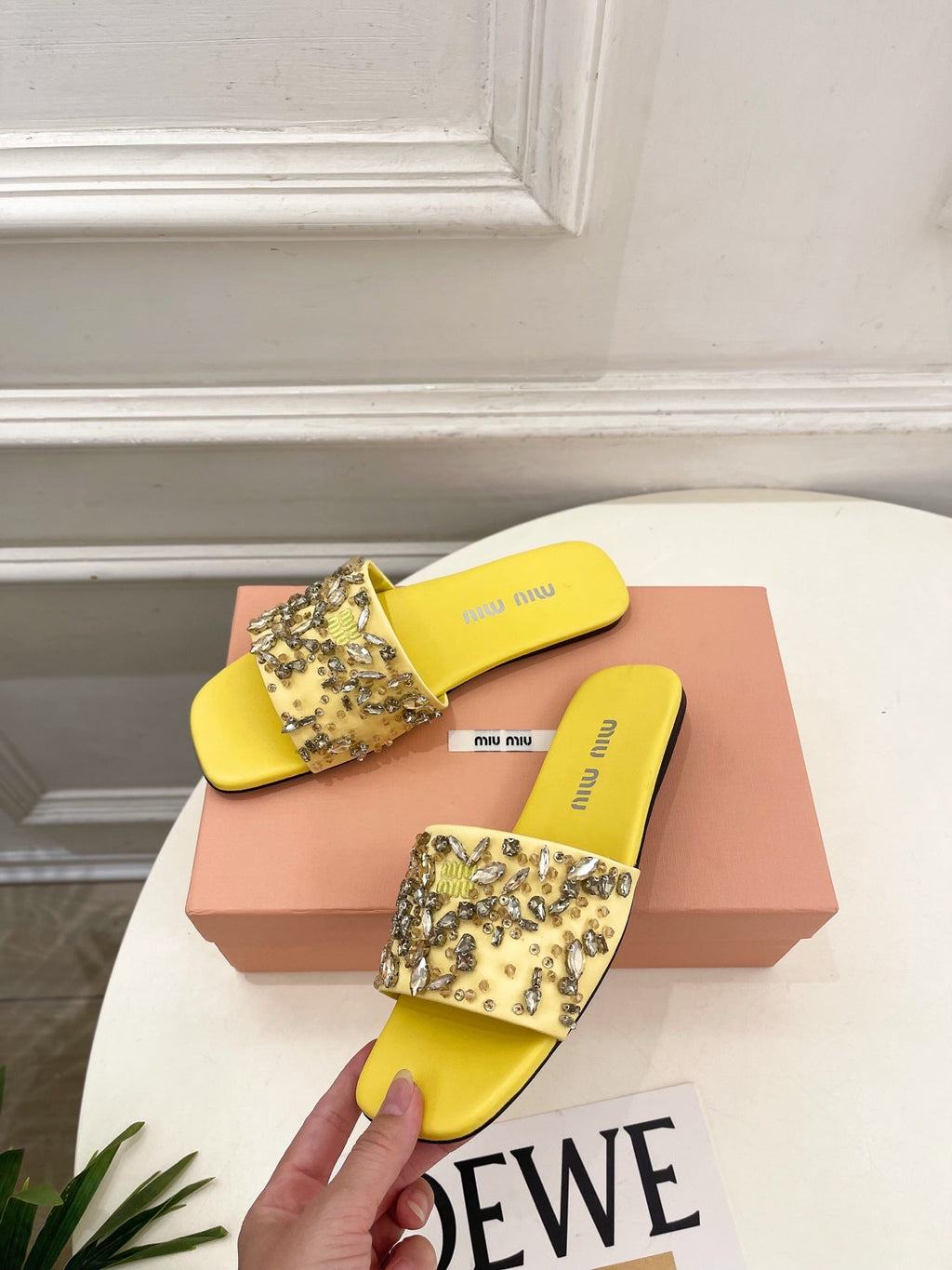 MIUMIU 26S SLIDES IN YELLOW SATIN CRYSTAL EMBELLISHED