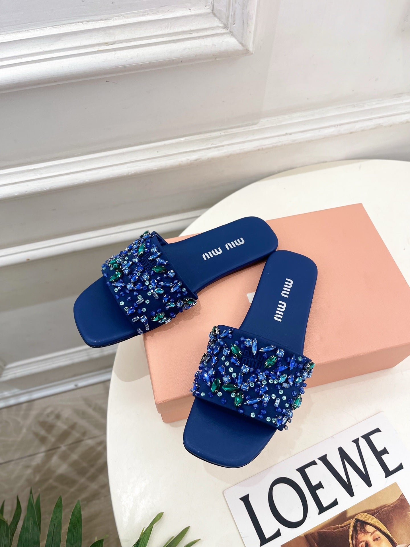MIUMIU 26S SLIDES IN ROYAL BLUE SATIN CRYSTAL EMBELLISHED