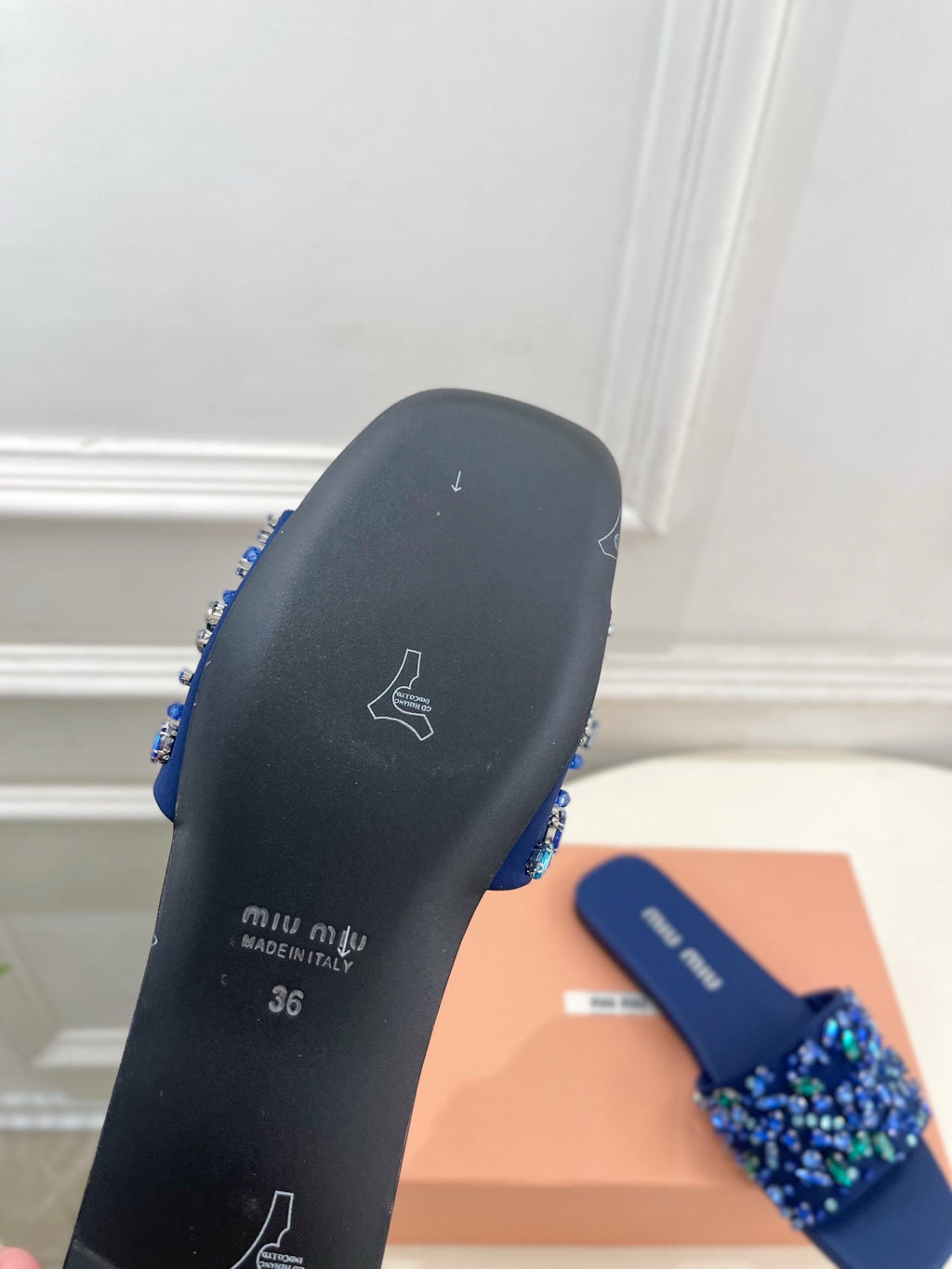 MIUMIU 26S SLIDES IN ROYAL BLUE SATIN CRYSTAL EMBELLISHED