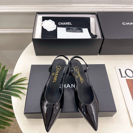 CHANEL 26S POINTED TOE HIGH HEELS 55 MM IN BLACK PATENT LAMBSKIN