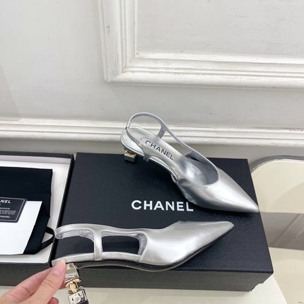 CHANEL 26S POINTED TOE HIGH HEELS 55 MM IN METALLIC SILVER LAMBSKIN