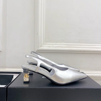 CHANEL 26S POINTED TOE HIGH HEELS 55 MM IN METALLIC SILVER LAMBSKIN