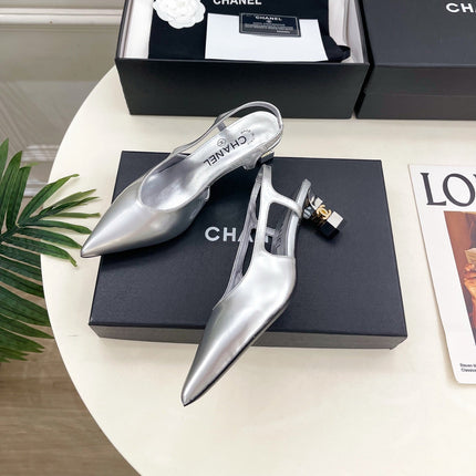 CHANEL 26S POINTED TOE HIGH HEELS 55 MM IN METALLIC SILVER LAMBSKIN