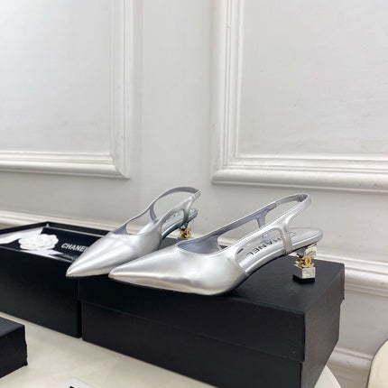 CHANEL 26S POINTED TOE HIGH HEELS 55 MM IN METALLIC SILVER LAMBSKIN