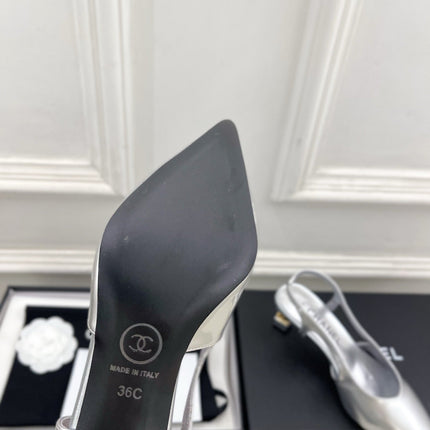 CHANEL 26S POINTED TOE HIGH HEELS 55 MM IN METALLIC SILVER LAMBSKIN