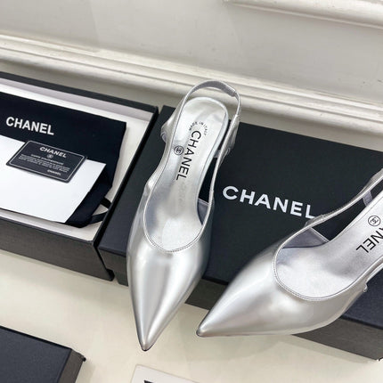 CHANEL 26S POINTED TOE HIGH HEELS 55 MM IN METALLIC SILVER LAMBSKIN