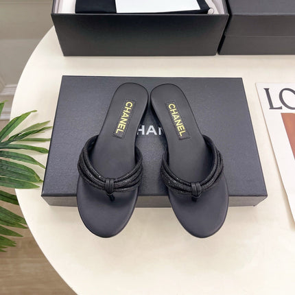 CHANEL 26S THONG SANDALS IN BLACK WITH CRYSTAL EMBELLISHED STRAPS