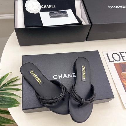 CHANEL 26S THONG SANDALS IN BLACK WITH CRYSTAL EMBELLISHED STRAPS