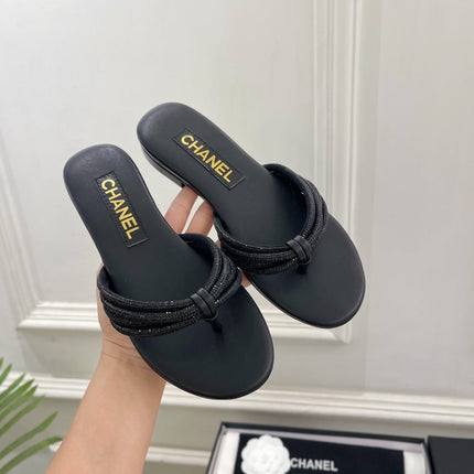 CHANEL 26S THONG SANDALS IN BLACK WITH CRYSTAL EMBELLISHED STRAPS