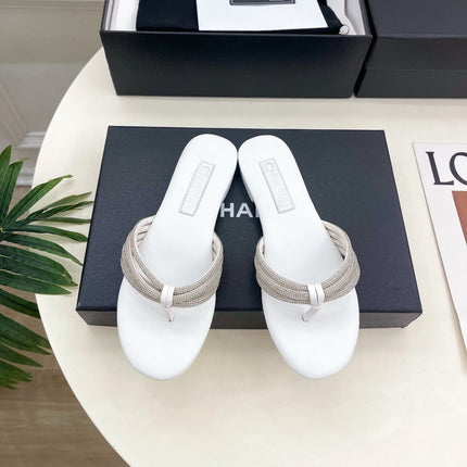 CHANEL 26S THONG SANDALS IN WHITE WITH CRYSTAL EMBELLISHED STRAPS