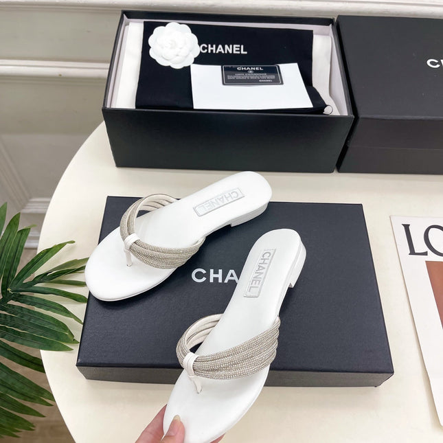 CHANEL 26S THONG SANDALS IN WHITE WITH CRYSTAL EMBELLISHED STRAPS