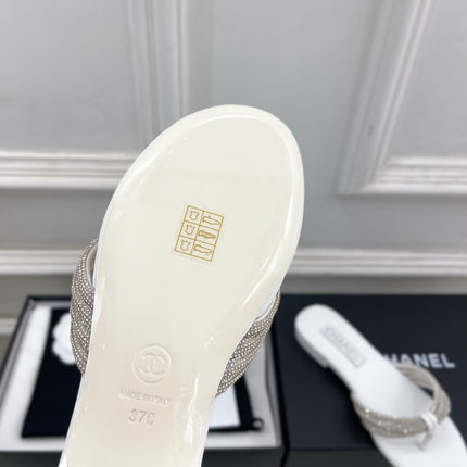 CHANEL 26S THONG SANDALS IN WHITE WITH CRYSTAL EMBELLISHED STRAPS