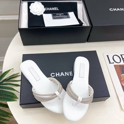 CHANEL 26S THONG SANDALS IN WHITE WITH CRYSTAL EMBELLISHED STRAPS