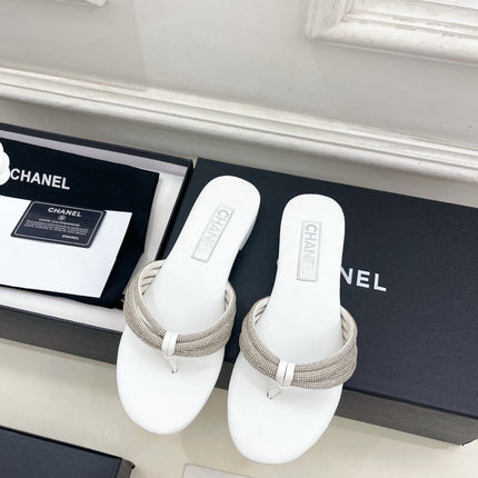 CHANEL 26S THONG SANDALS IN WHITE WITH CRYSTAL EMBELLISHED STRAPS