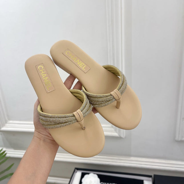 CHANEL 26S THONG SANDALS IN BEIGE WITH CRYSTAL-EMBELLISHED STRAPS