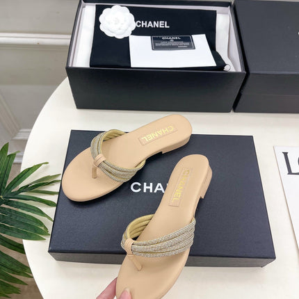 CHANEL 26S THONG SANDALS IN BEIGE WITH CRYSTAL-EMBELLISHED STRAPS