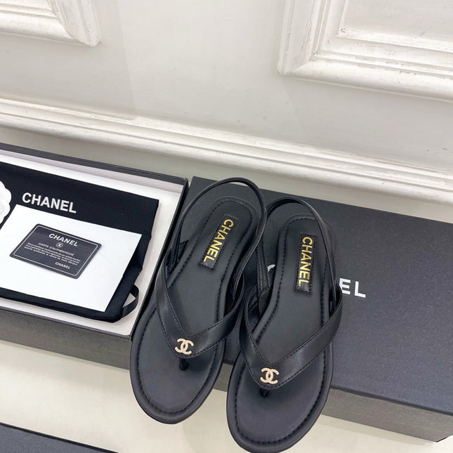 CHANEL 26S THONG SLINGBACK SANDALS IN BLACK LAMBSKIN