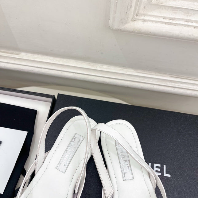 CHANEL 26S THONG SLINGBACK SANDALS IN WHITE LAMBSKIN