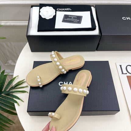 CHANEL 26S THONG SANDALS IN BEIGE LAMBSKIN WITH PEARL EMBELLISHMENTS