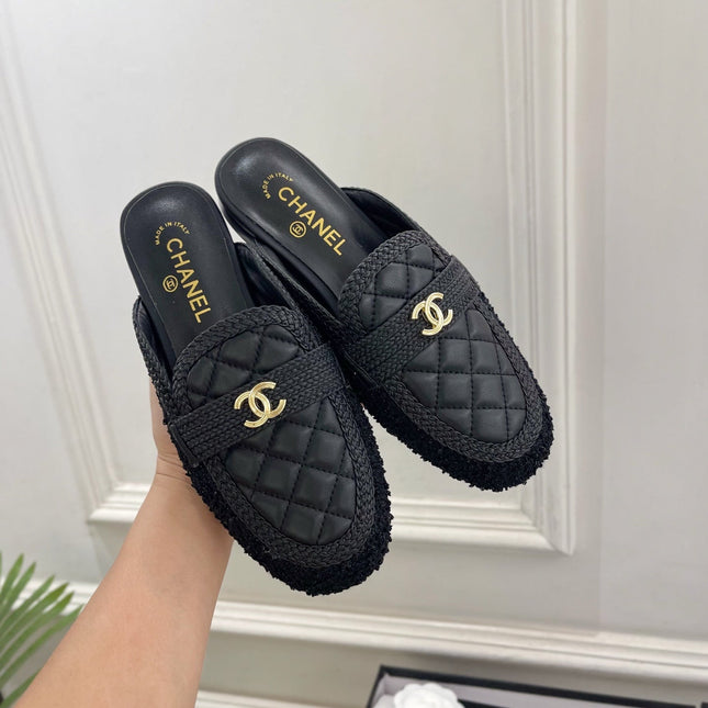 CHANEL 26S MULES IN BLACK LAMBSKIN AND TWEED