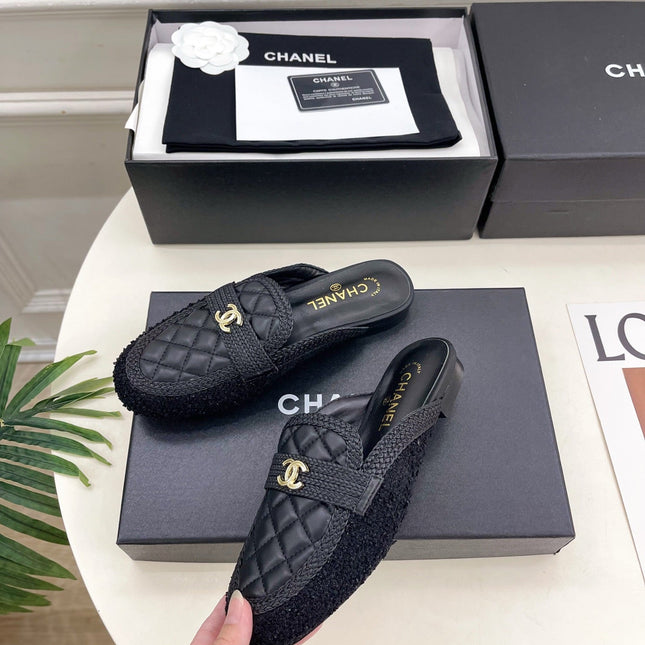 CHANEL 26S MULES IN BLACK LAMBSKIN AND TWEED
