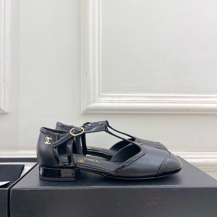 CHANEL 26S T STRAP MARY JANES IN BLACK PATENT AND LAMBSKIN