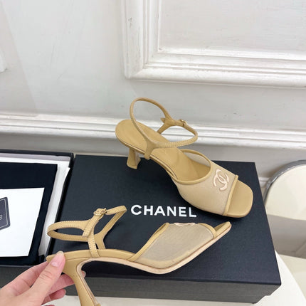 CHANEL 26S HIGH HEEL SLINGBACK SANDALS 70 MM IN BEIGE MESH