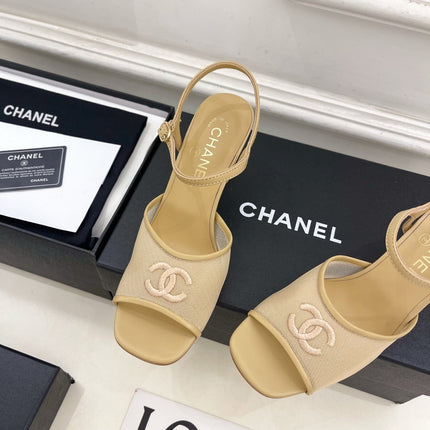 CHANEL 26S HIGH HEEL SLINGBACK SANDALS 70 MM IN BEIGE MESH