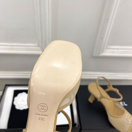 CHANEL 26S HIGH HEEL SLINGBACK SANDALS 70 MM IN BEIGE MESH