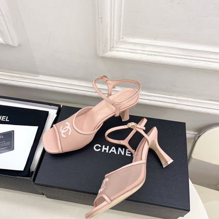 CHANEL 26S HIGH HEEL SLINGBACK SANDALS 70 MM IN LIGHT PINK MESH
