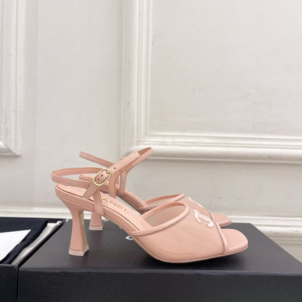 CHANEL 26S HIGH HEEL SLINGBACK SANDALS 70 MM IN LIGHT PINK MESH