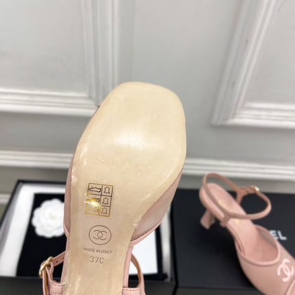 CHANEL 26S HIGH HEEL SLINGBACK SANDALS 70 MM IN LIGHT PINK MESH