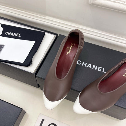 CHANEL 26S SQUARE TOE PUMPS 50 MM IN DARK BROWN LAMBSKIN WITH BLACK TOE CAP