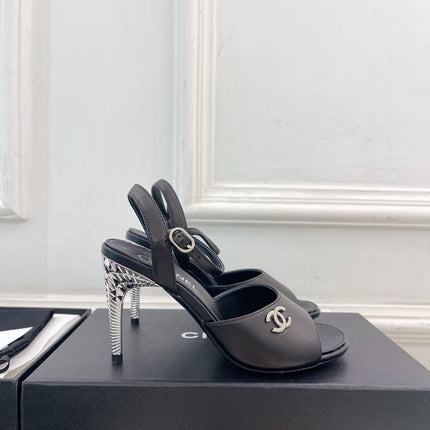 CHANEL 26S HIGH HEEL SLINGBACK SANDALS 90 MM IN BLACK LAMBSKIN
