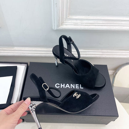 CHANEL 26S HIGH HEEL SLINGBACK SANDALS 90 MM IN BLACK SUEDE