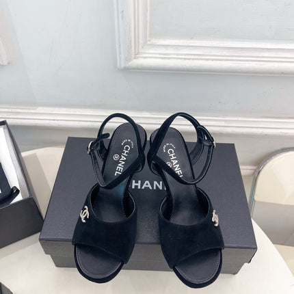 CHANEL 26S HIGH HEEL SLINGBACK SANDALS 90 MM IN BLACK SUEDE