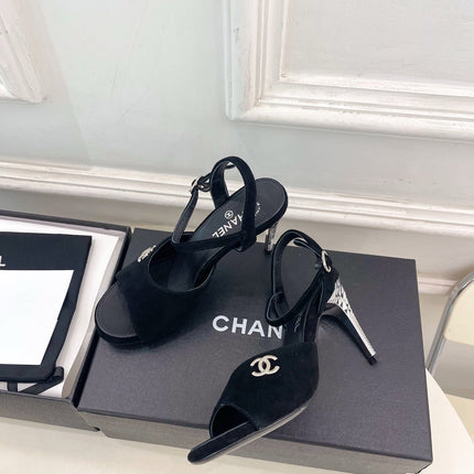 CHANEL 26S HIGH HEEL SLINGBACK SANDALS 90 MM IN BLACK SUEDE