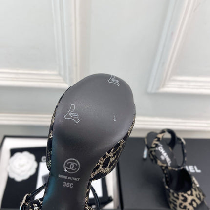 CHANEL 26S HIGH HEEL SLINGBACK SANDALS 90 MM IN BLACK LAMBSKIN AND BEIGE LEOPARD PRINT
