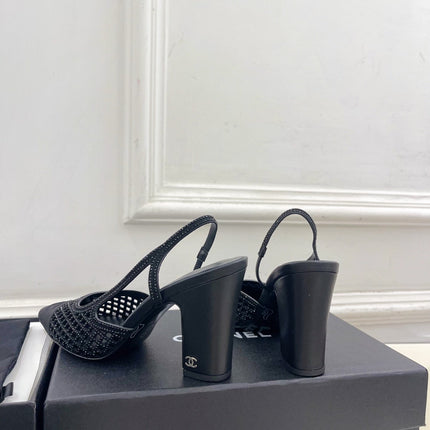 CHANEL 26S POINTED TOE HIGH HEEL SLINGBACK PUMPS 90 MM IN BLACK MESH