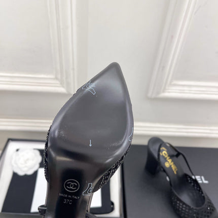 CHANEL 26S POINTED TOE HIGH HEEL SLINGBACK PUMPS 90 MM IN BLACK MESH