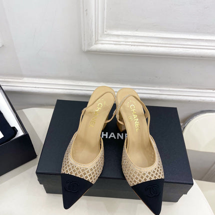CHANEL 26S POINTED TOE HIGH HEEL SLINGBACK PUMPS 90 MM IN BEIGE MESH WITH BLACK TOE CAP