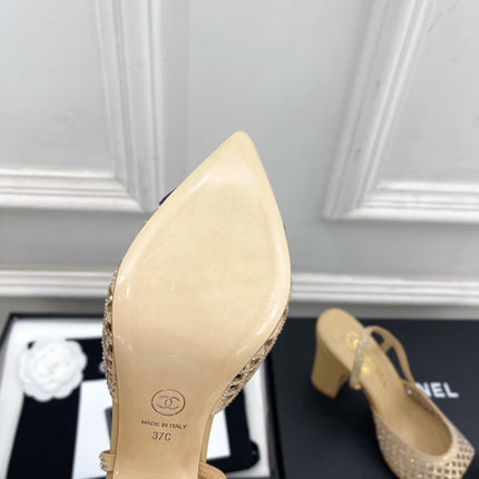 CHANEL 26S POINTED TOE HIGH HEEL SLINGBACK PUMPS 90 MM IN BEIGE MESH WITH BLACK TOE CAP