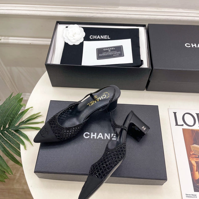 CHANEL 26S POINTED TOE HIGH HEEL SLINGBACK PUMPS 60MM IN BLACK MESH