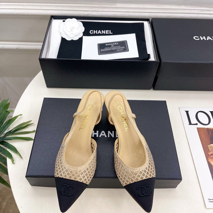 CHANEL 26S POINTED TOE HIGH HEEL SLINGBACK PUMPS 60MM IN BEIGE MESH WITH BLACK TOE CAP
