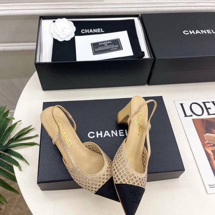 CHANEL 26S POINTED TOE HIGH HEEL SLINGBACK PUMPS 60MM IN BEIGE MESH WITH BLACK TOE CAP