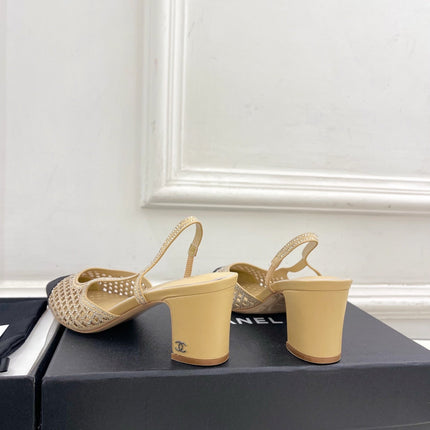 CHANEL 26S POINTED TOE HIGH HEEL SLINGBACK PUMPS 60MM IN BEIGE MESH WITH BLACK TOE CAP