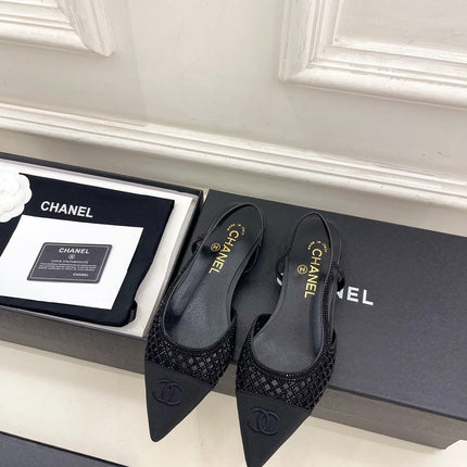 CHANEL 26S FLAT POINTED TOE SLINGBACK IN BLACK MESH