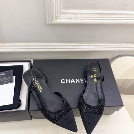 CHANEL 26S FLAT POINTED TOE SLINGBACK IN BLACK MESH