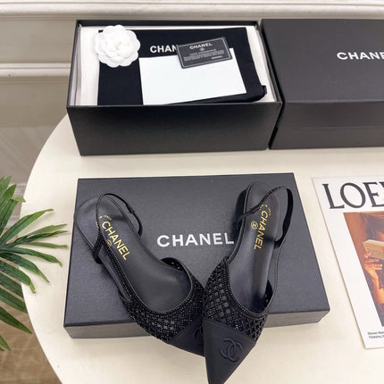 CHANEL 26S FLAT POINTED TOE SLINGBACK IN BLACK MESH