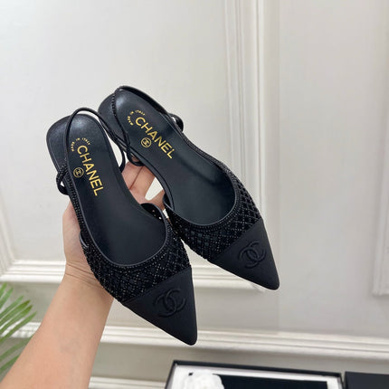 CHANEL 26S FLAT POINTED TOE SLINGBACK IN BLACK MESH